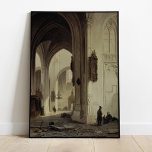 Vintage Cathedral Interior Digital Download, Gothic Architecture Painting Print, Dark Academia Wall Art, Printable Antique Decor Poster
