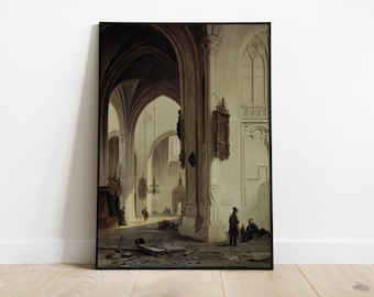 Vintage Kathedrale innen Digitaler Download, gotische Architektur Malerei Druck, Dark Academia Wandkunst, druckbare antikes Dekor Poster
