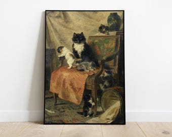 Kittens Vintage Printable Poster, Antique Cat Oil Painting, Cute Animal Wall Art, Funny Cat Decor, Kids Room Ideas, Cat Portrait Download