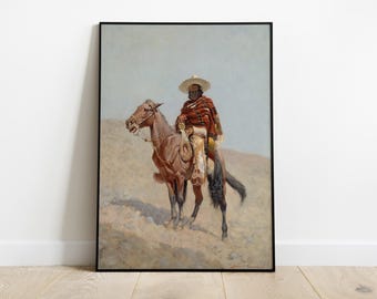 Könnte beinhalten: Ein Gemälde, das einen Mann auf einem Pferd zeigt, der ein traditionelles indianisches Gewand trägt. Der Mann trägt einen breitkrempigen Hut und eine lange, fließende Robe. Das Pferd ist braun und hat eine lange, fließende Mähne. Der Hintergrund ist eine Wüstenlandschaft.
