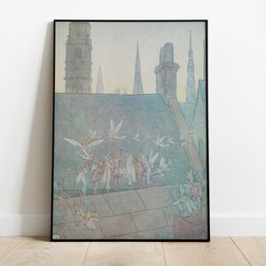 Fairy Dance Illustration, Antique Storybook Digital Download, Fairies On The Rooftop Printable Wall Art, Vintage Nursery Decor Poster