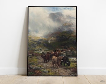 May include: A painting of a herd of Highland cattle crossing a stone bridge in a misty Scottish landscape. The cattle are brown and black with long horns. The background is a misty mountain range.