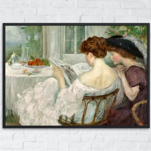 Victorian Cottage Painting, Antique Women Reading Art, Vintage Bridgerton Style Wall Decor, Digital Download, Printable Poster Art