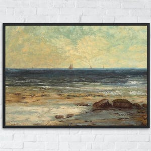 Stampa vintage di paesaggio costiero, dipinto di barca a vela smorzato, arte a olio di paesaggio marino malinconico, download digitale di arte della spiaggia, poster di paesaggio marino vintage