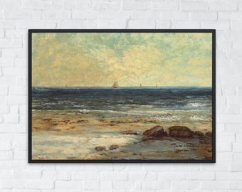 Vintage Coastal Beachscape Print, Muted Sailboat Painting, Moody Seascape Oil Art, Digital Download Beach Art, Vintage Seascape Poster