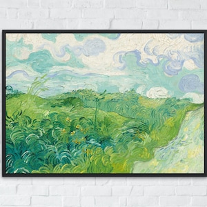 Puede incluir: Una pintura de un paisaje con colinas verdes onduladas y un cielo azul con nubes blancas. La pintura está realizada en un estilo que recuerda a Vincent van Gogh, con pinceladas gruesas y líneas en espiral.