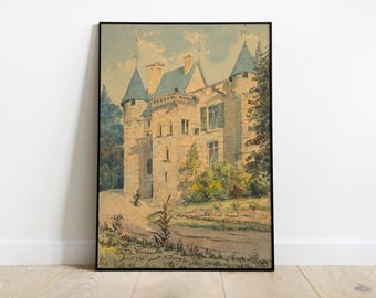 Printable French Chateau, European Watercolour Landscape, France Wall Decor, Digital Download, French Castle Printable, European Wall Art