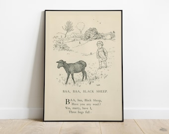 Vintage Baa Baa Black Sheep Printable, Nursery Rhyme Art, Antique Nursery Wall Decor, Gender Neutral Baby Room, Digital Nursery Print