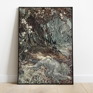 Titania aus einem Sommernachtstraum, Vintage Storybuch Zeichnung digitaler Download, druckbare Fairycore Wandkunst, Shakespeare-Dekor-Poster