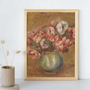 May include: A painting of a bouquet of pink and white flowers in a green vase. The flowers are arranged in a loose, natural style, and the vase is simple and elegant. The background is a soft, muted brown.
