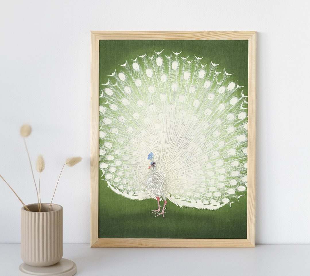 Vintage White Peacock Wall Art Print, Japanese Fine Art, Peacock Prints