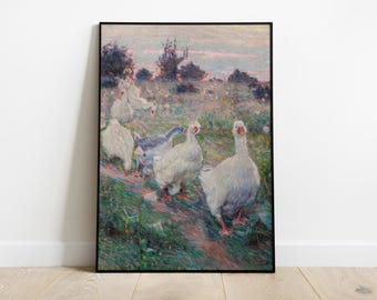 Geese in the Garden Painting, Printable Nursery Wall Art, Vintage Nature Landscape, Farmhouse  Digital Printable Poster, Country Decor
