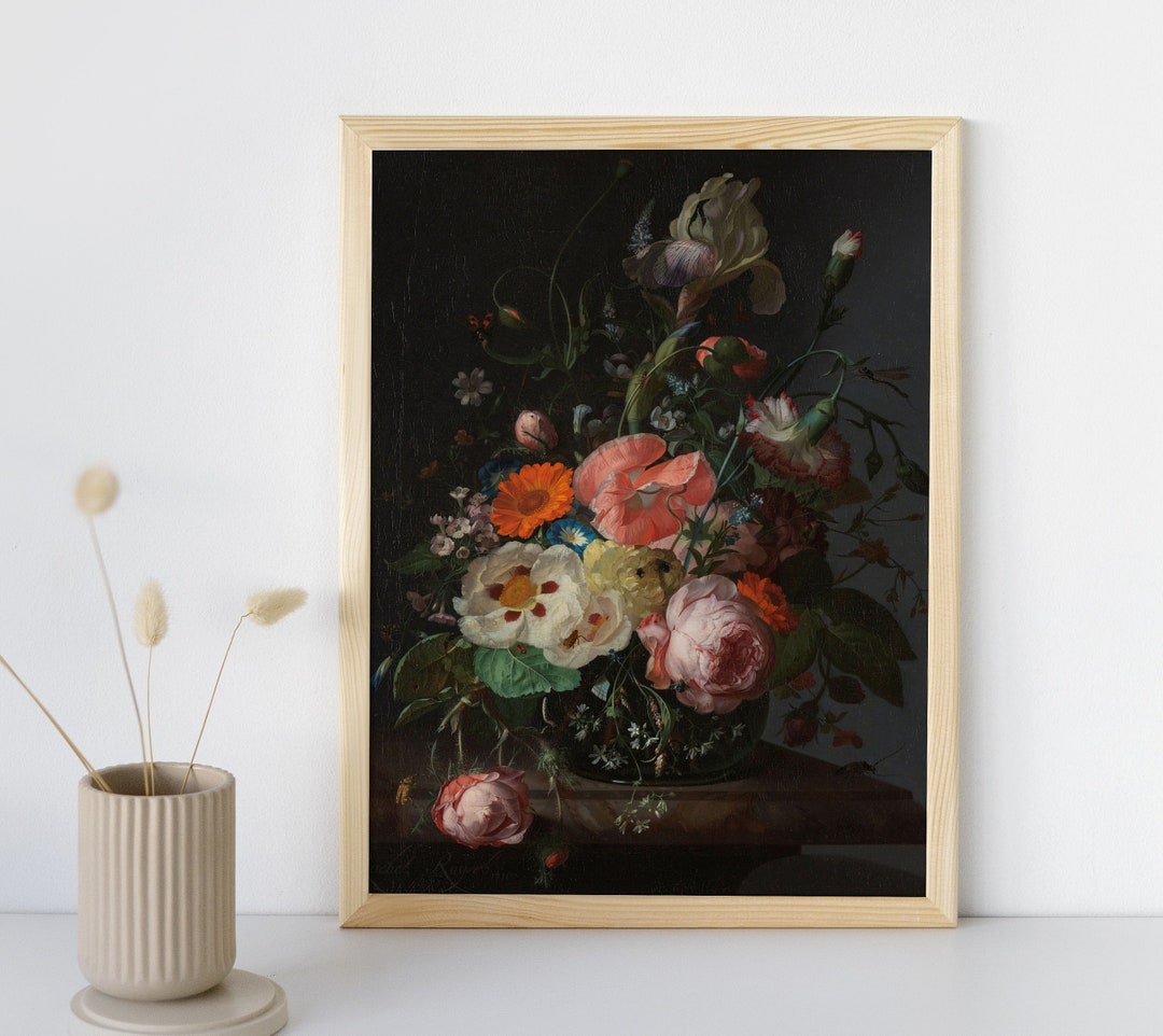 Vintage Dark Floral Wall Art Print, Antique Flower Portrait,vintage ...