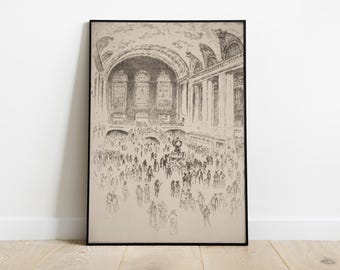 May include: A black and white drawing of a grand hall with a high vaulted ceiling and many people walking around. The drawing is framed in a black frame.