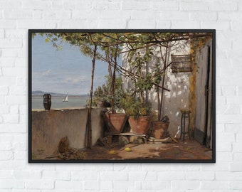 Mediterranean Landscape Painting, Europe Coast Wall Art Print, Vintage Italy Landscape Fine Art, Landscape Prints,Printable Digital Download