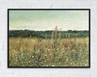 Vintage Wildflower Field Landscape, Printable Wall Art, Country Field Oil Painting, Wall Decor Print, Fine Art Poster, Instant Download