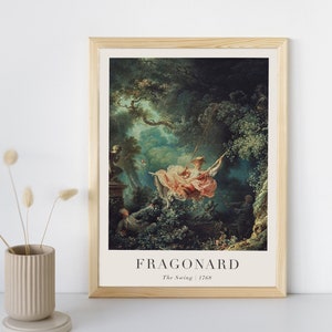 Szczęśliwe wypadki huśtawki Malowanie z tekstem, Jean-Honore Fragonard, Wydrukowana sztuka ścienna, Wydruk portretu w stylu vintage Natychmiastowe pobranie