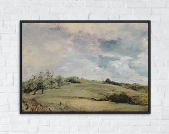 Vintage Wiese Landschaft Gemälde, Bauernhaus Dekor, rustikale Natur Wandkunst, druckbare Landschaft Poster, ländlicher digitaler Download
