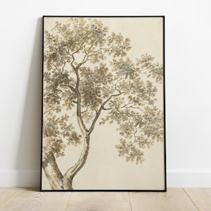 May include: A framed black and white drawing of a tree with branches and leaves. The background is a light beige color.