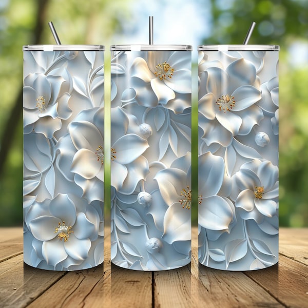 White Floral 3D Exotic Pattern Tumbler Wrap, 20oz Skinny Digital File, Vibrant Sublimation Design, Creative DIY Gift Idea
