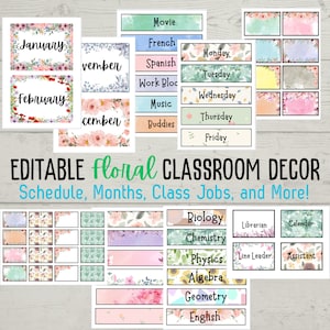 Editable Classroom Decor | Floral | Watercolor | Schedule | Labels | Months | Jobs | Canva | Homeschool