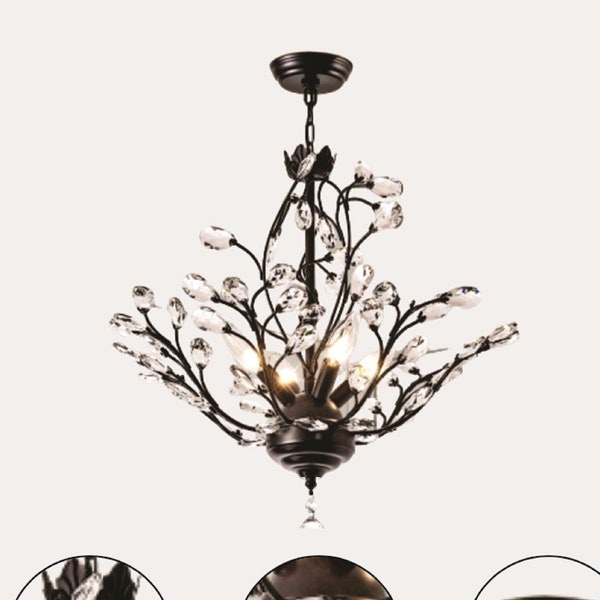 4-Light Crystal Branch Chandelier, Vintage Ceiling Light, Pendant Light for Dining Room, Crystal Pendant Lighting, Chandelier Lighting