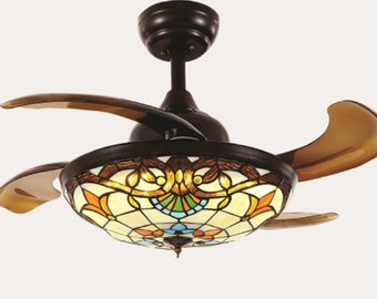 Stained Glass Ceiling Fandelier, Tiffany Ceiling Fan Chandelier with Remote Control, Retractable Ceiling Fan Chandelier