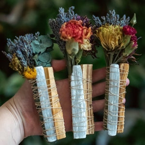 Selenite Floral Wand | Palo Santo, Lavender | Sacred Smoke Cleansing Wand | Botanical Burn Bundle | Dry Flowers | White Sage Alternative