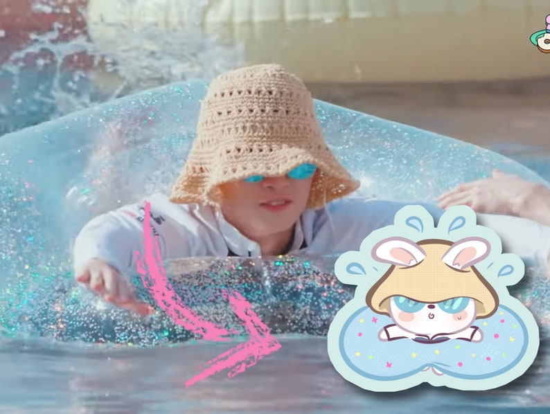 May include: A person wearing a straw hat and sunglasses floats in a clear inflatable ring in a pool. A cartoon sticker of a rabbit wearing sunglasses and a straw hat is in the bottom right corner of the image.