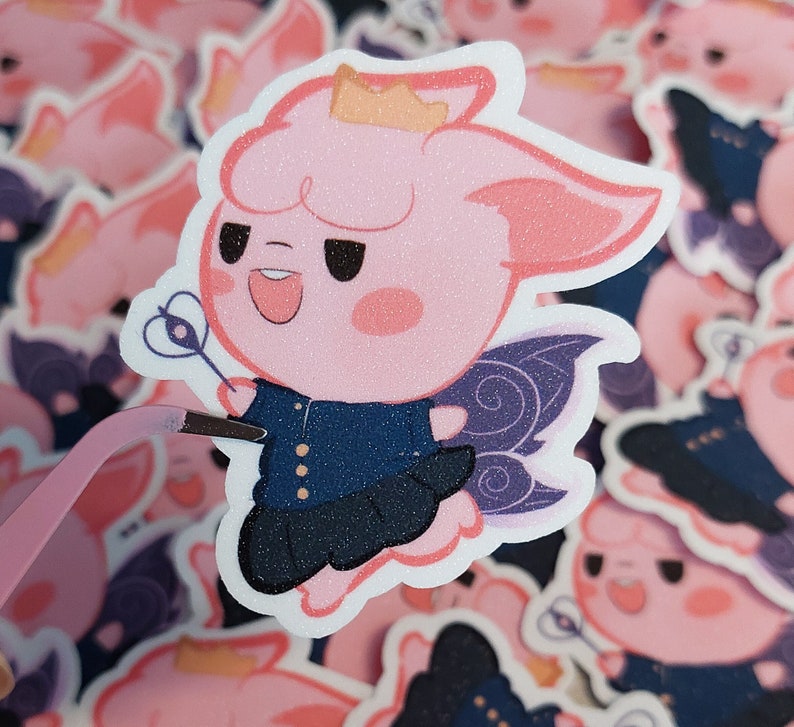 May include: A pink fairy with a blue and sparkly dress and purple wings. The fairy is holding a wand with a pink flower at the end. The fairy is wearing a gold crown.
