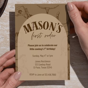 Invitación editable para primer cumpleaños de rodeo, invitación para primer cumpleaños de vaquero, plantilla de invitación de rodeo, cumpleaños de niño pequeño, primer cumpleaños de hijo