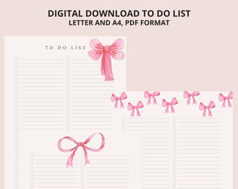 Coquette To Do List Set – Pink Bow Daily Checklist (PDF Download)