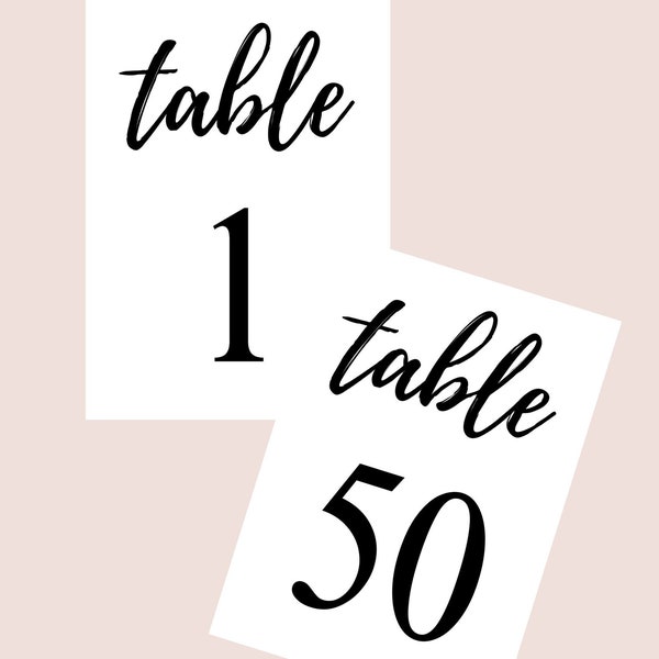 Wedding Table Numbers 1-50 - 5x7 Printable Table Markers - Script Wedding Table Cards