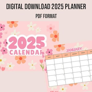 2025 Monthly Calendar Digital Download - Floral Girly Pink Calendar - Printable Calendar - iPad Calendar - Digital Monthly Planner