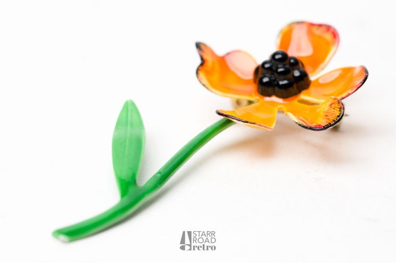 Vintage Enamel flower Brooch, Poppy - image 4