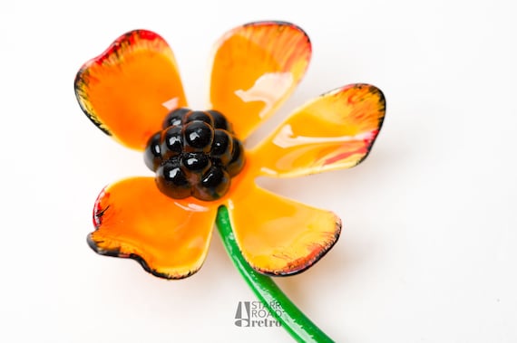 Vintage Enamel flower Brooch, Poppy - image 10