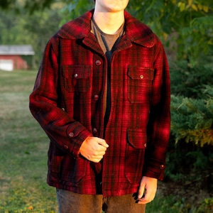 Vintage Woolrich Hunting Coat, Red Plaid, Wool, Size 42, 1930s