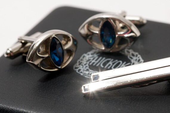 Vintage Hickok Cuff Link and Tie Clip Set, Blue - image 7