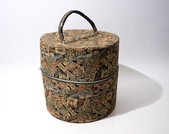 Vintage Hat Box, Tapestry Fabric with Airline and Travel Theme