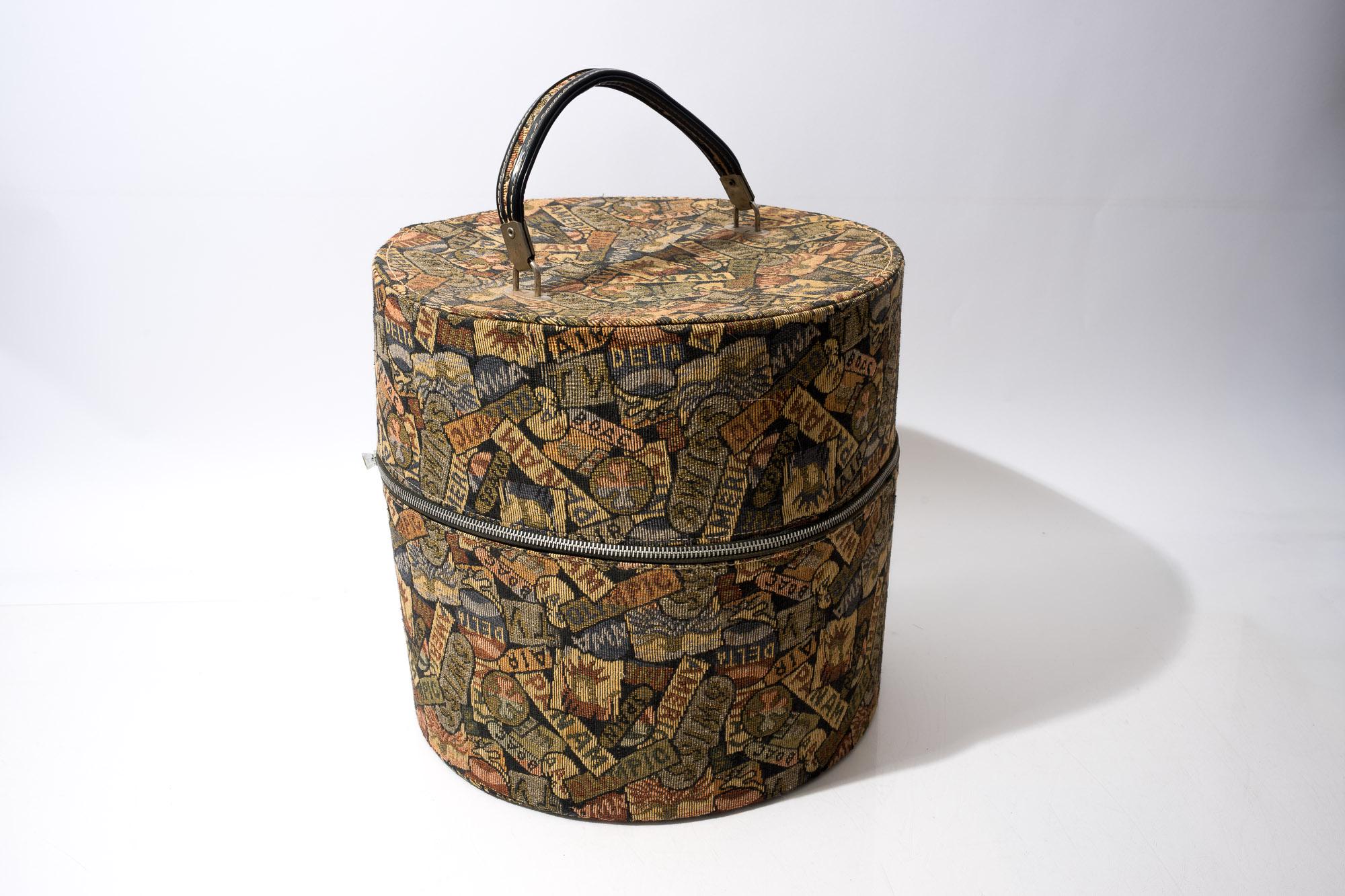 Vintage Hat Box, Tapestry Fabric with Airline and Travel Theme