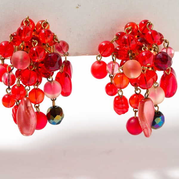 Vintage Cha Cha Earrings, Cluster, Red, Western Germany