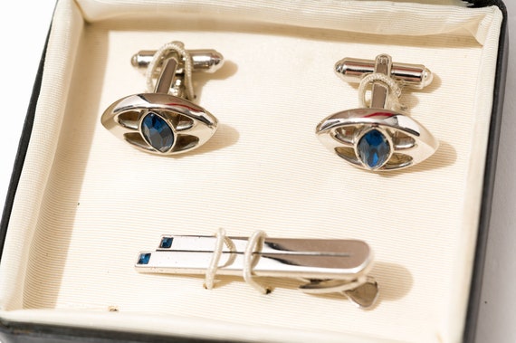 Vintage Hickok Cuff Link and Tie Clip Set, Blue - image 4