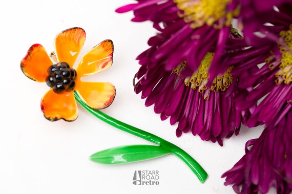 Vintage Enamel flower Brooch, Poppy - image 1