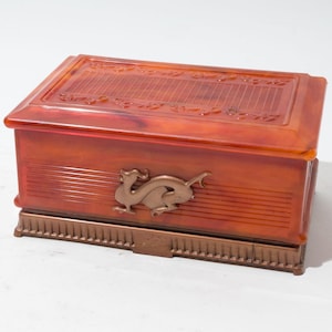 Vintage Celluloid Jewelry Box, Trinket Box, Faux Tortoise Shell, Dragon, Deltah