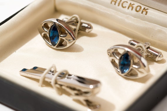 Vintage Hickok Cuff Link and Tie Clip Set, Blue - image 2