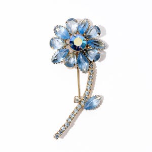 Vintage Blue Flower Brooch, Open Back Rhinestones