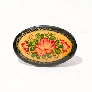 Vintage Russian Lacquer Brooch, Rose, Artist Signed