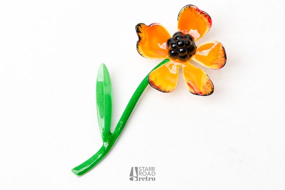 Vintage Enamel flower Brooch, Poppy - image 2