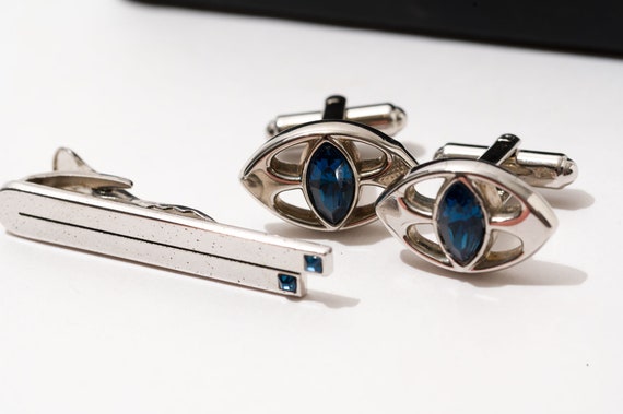 Vintage Hickok Cuff Link and Tie Clip Set, Blue - image 9