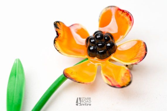 Vintage Enamel flower Brooch, Poppy - image 3